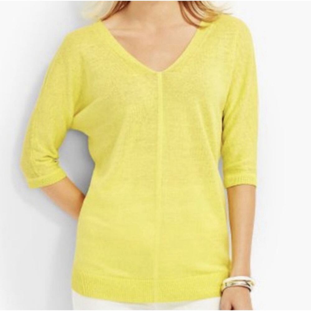 Talbots 100% Linen Slub Knit V-Neck Top L Yellow Dolman Elbow Sleeve Coastal
